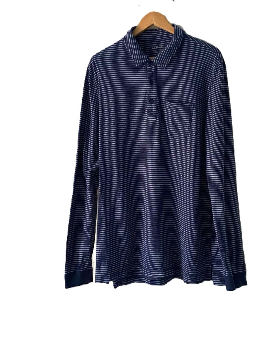 L.L. Bean Men's L Tall Polo Shirt Navy Blue White Striped Organic Cotton